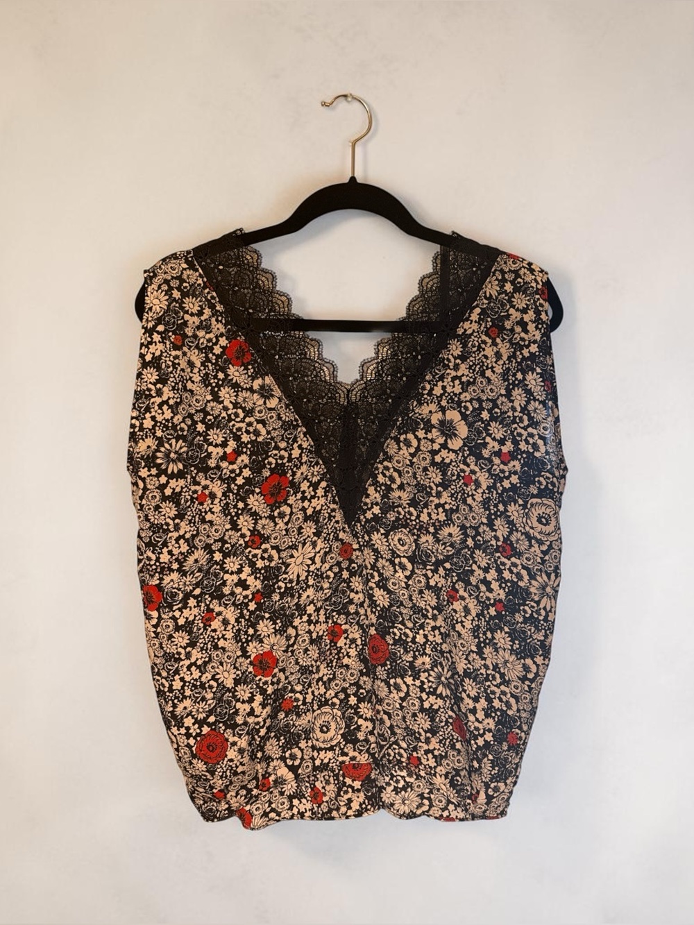 Zadig & Voltaire Black Floral Lace Trim V-Neck 100% Silk Top